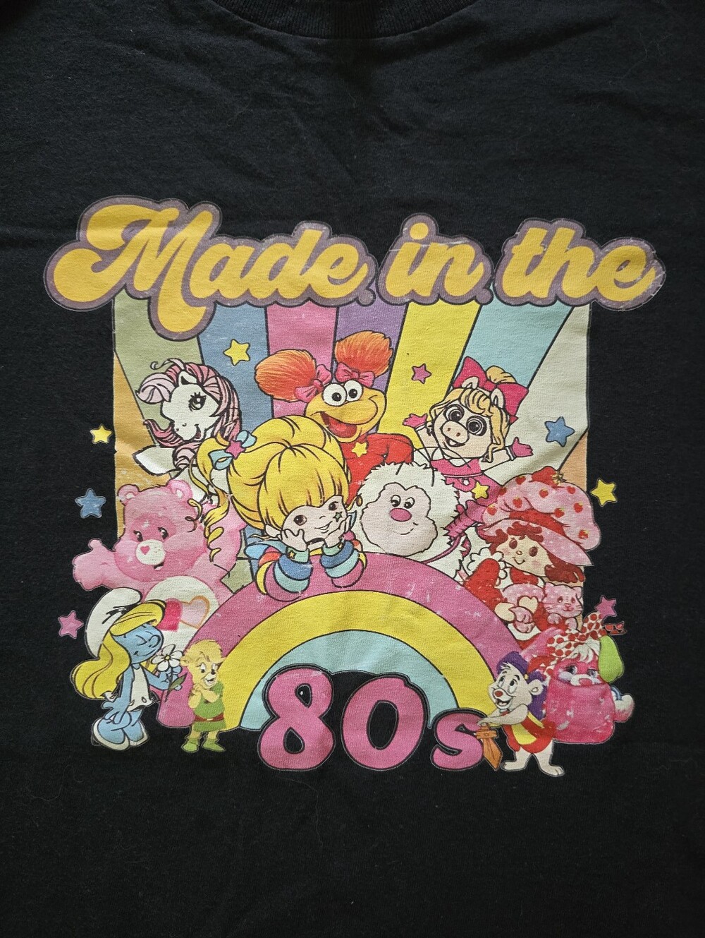 Gildan Black Mens Tee with Multicolor 'Made in the 80s' Cartoon Print